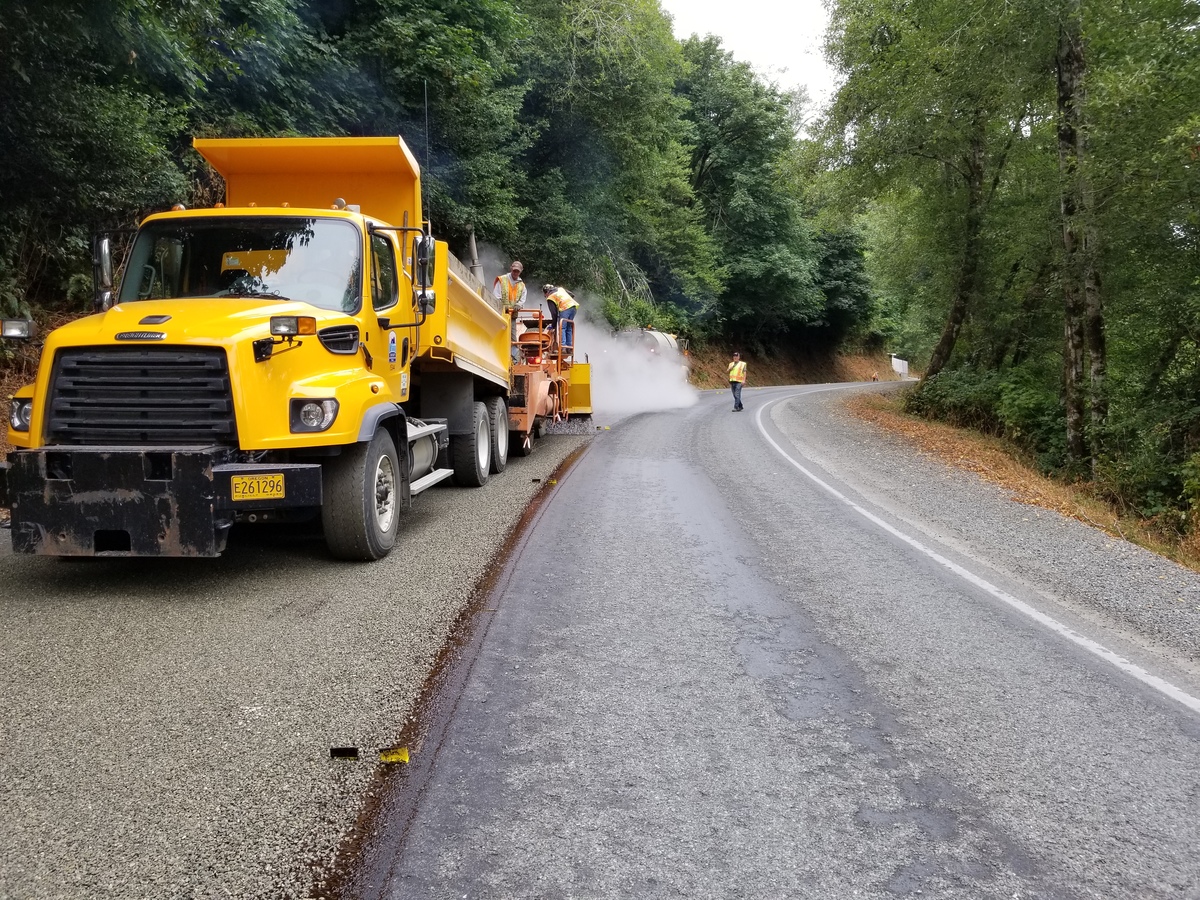 Albina Asphalt chip and fog sealing Curry County’s River road.